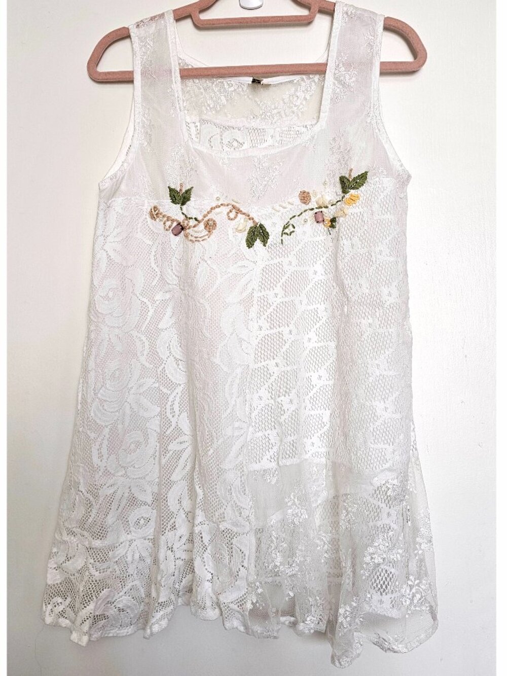 Marilu Lace Embroidered Tank Tunic Top S White Boho Cottagecore Romantic